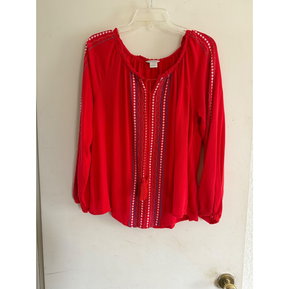 Ariat Womens Red Embroidered Peasant Blouse Top L‎ G Boho Western Country